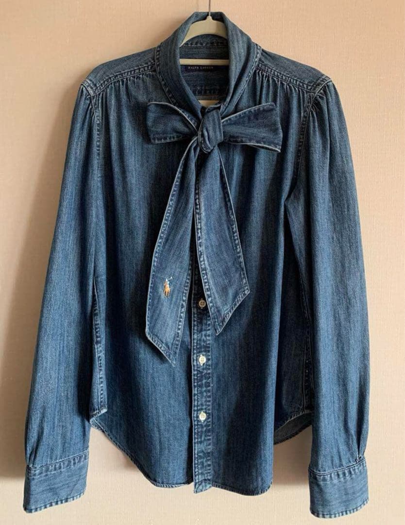 ポロラルフローレンボウタイ ブラウス ポニー刺繍 リボン デニム M