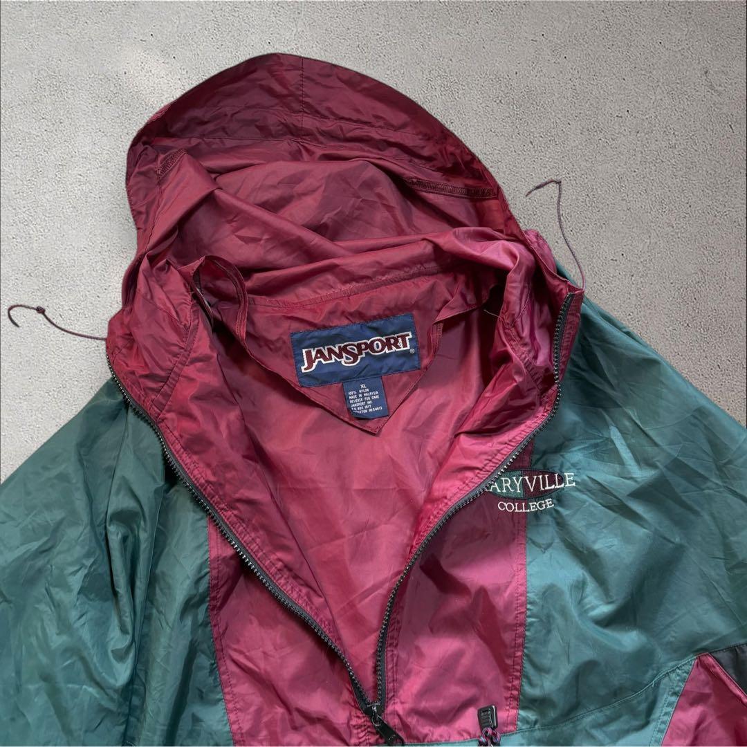 N71】90s JANSPORTナイロンアノラックパーカーバーガンディ×深緑