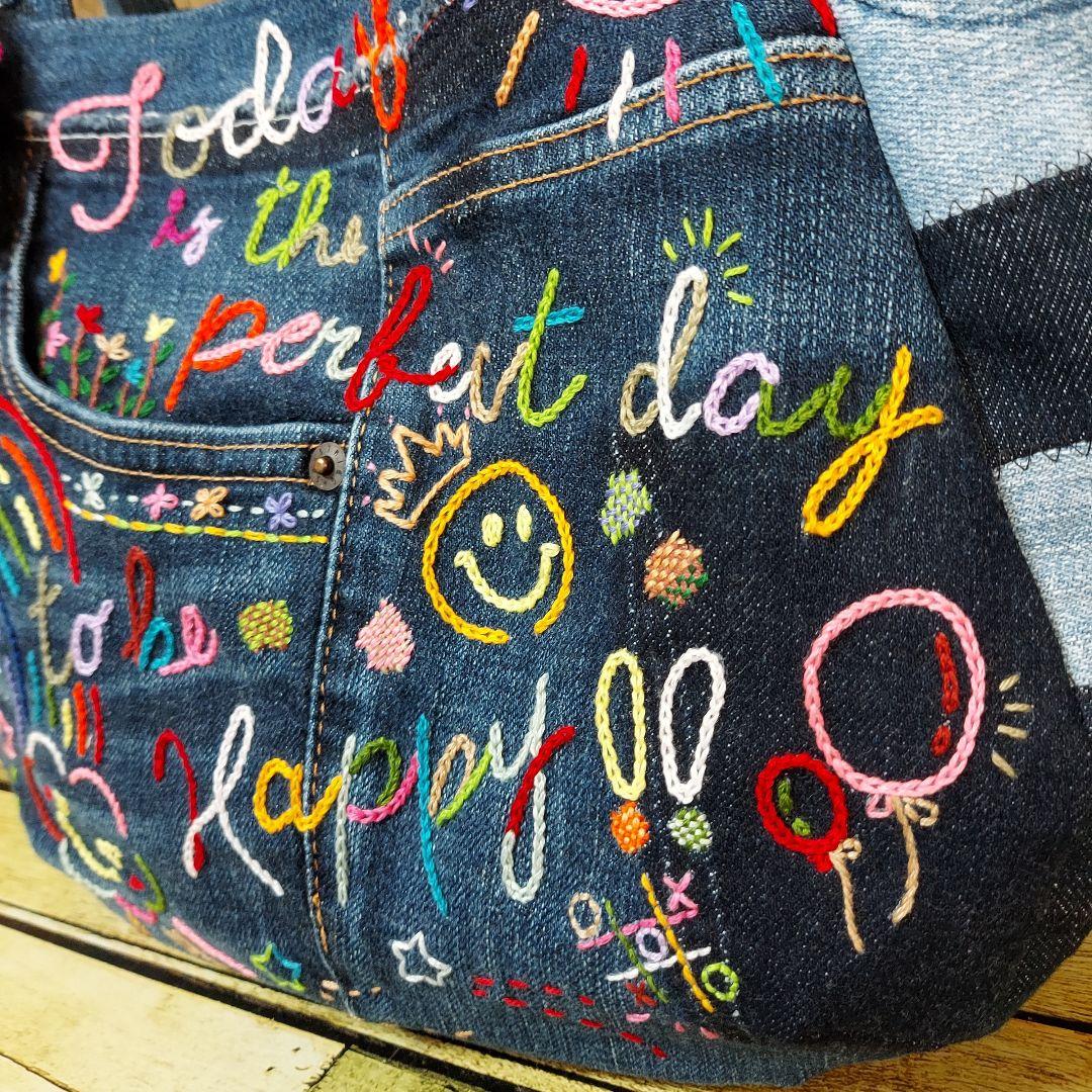 刺繍デニムバック No.641 デニムリメイク 刺繍バック チューリップバック