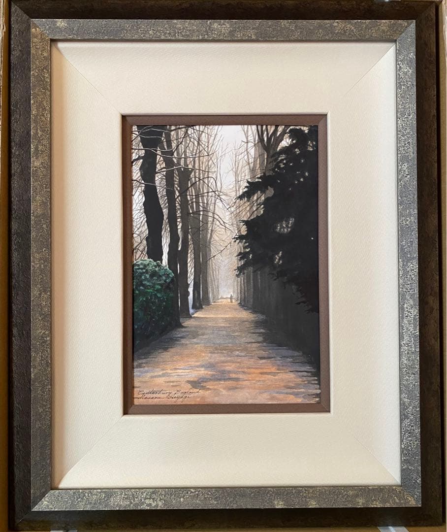 水彩画　朝靄の並木 水彩画 朝靄の並木