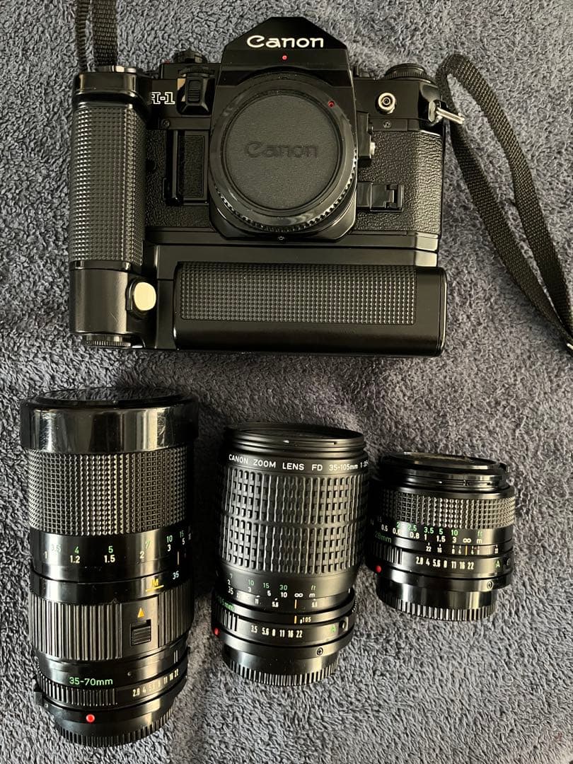 キャノン A-1 極美品 モータードライブ付+レンズ３本 Yahoo!オークション -「canon a-1 モータードライブ」の落札相場・落札価格