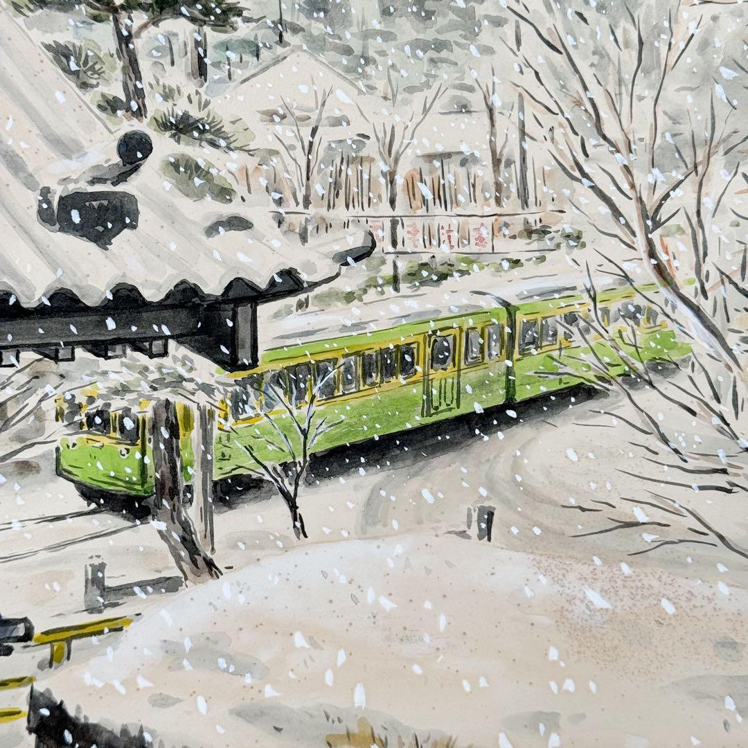 真作 田口雅巳『雪の竜口寺』水彩画 直筆 原画 共シール 落款完備 額装