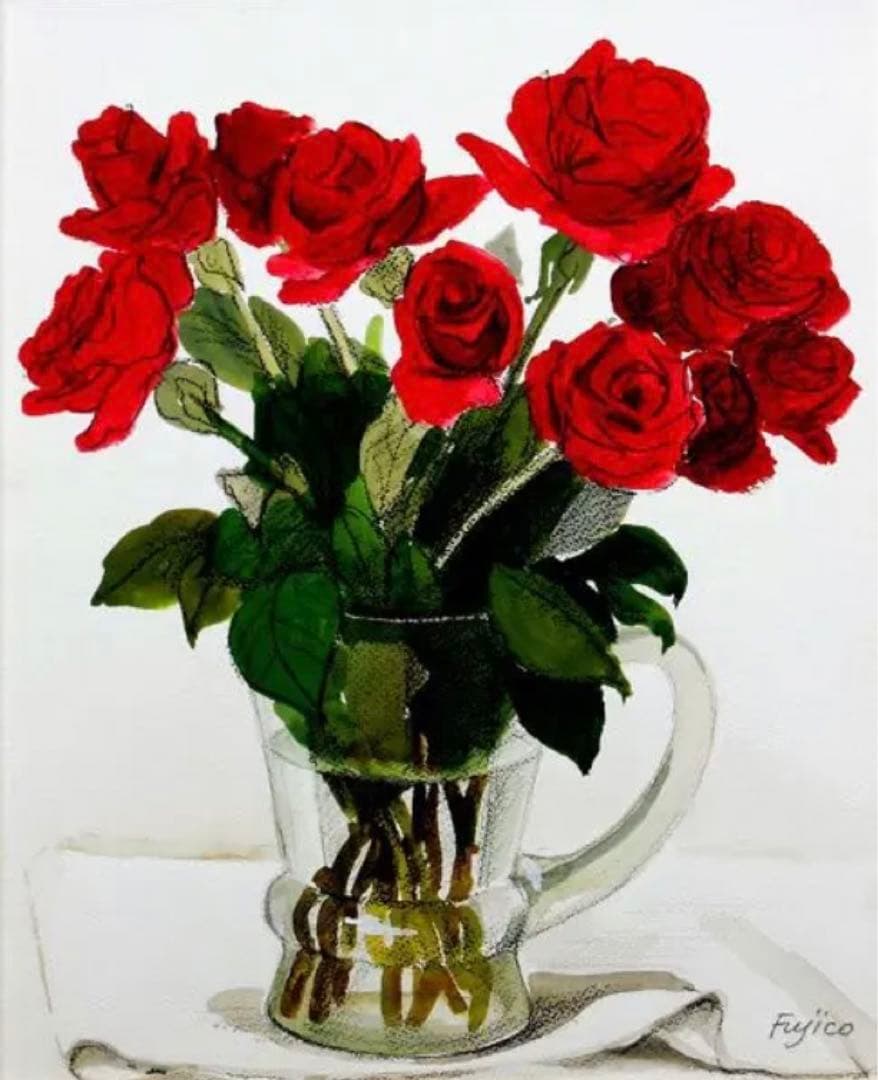 肉筆原画！ 橋本不二子 人気水彩画家 赤い薔薇？ 花瓶に入った花の絵画