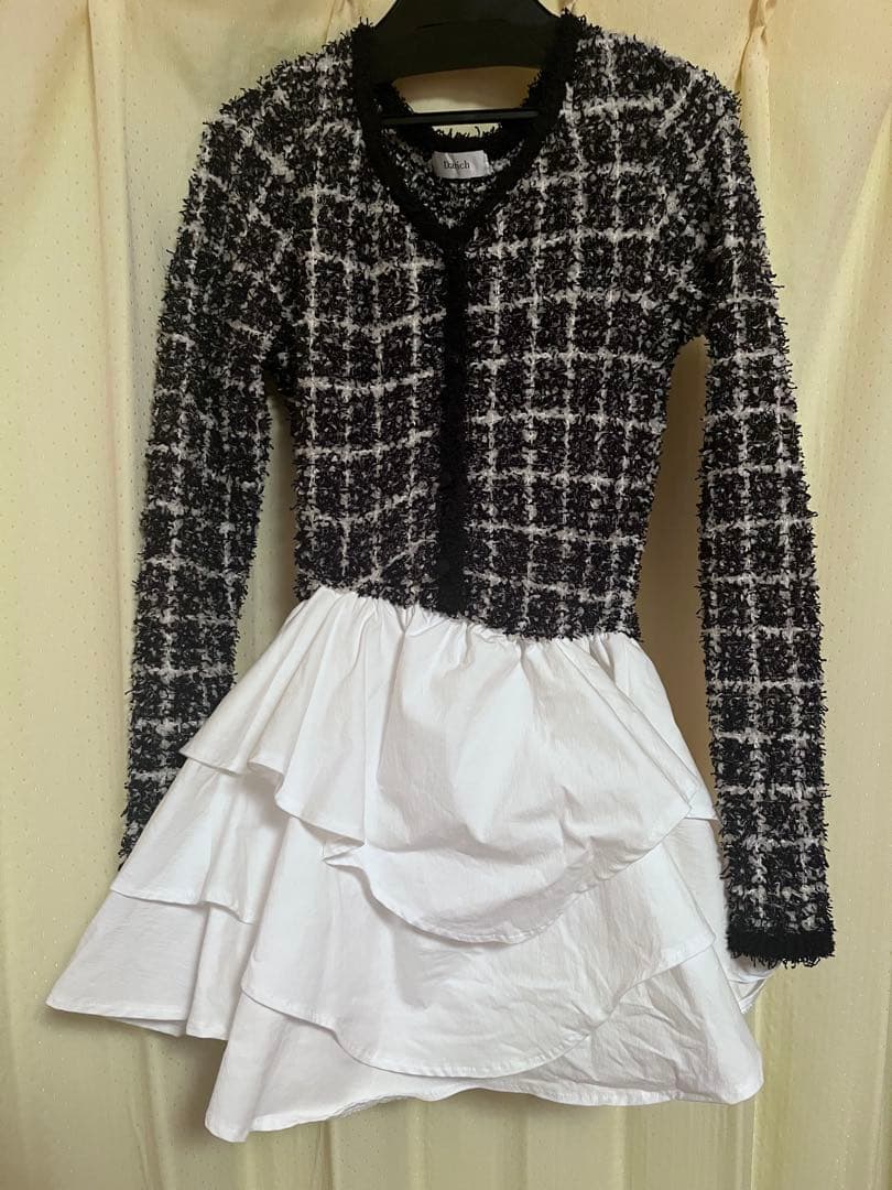 Darich ボリュームフリルツイードニットミニワンピース ブラック Fサイズ