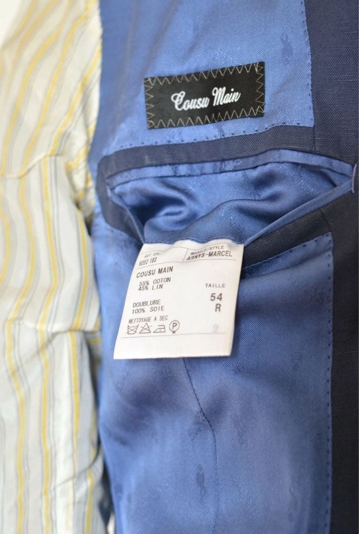 アルニス 高級スーツ 54 EU ネイビー コットンリネン混 フランス製