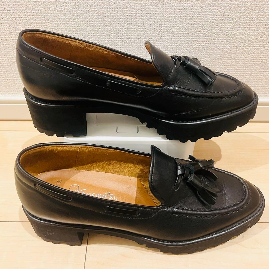 数回使用程度】銀座かねまつ タッセルローファー 厚底 レザー ブラック