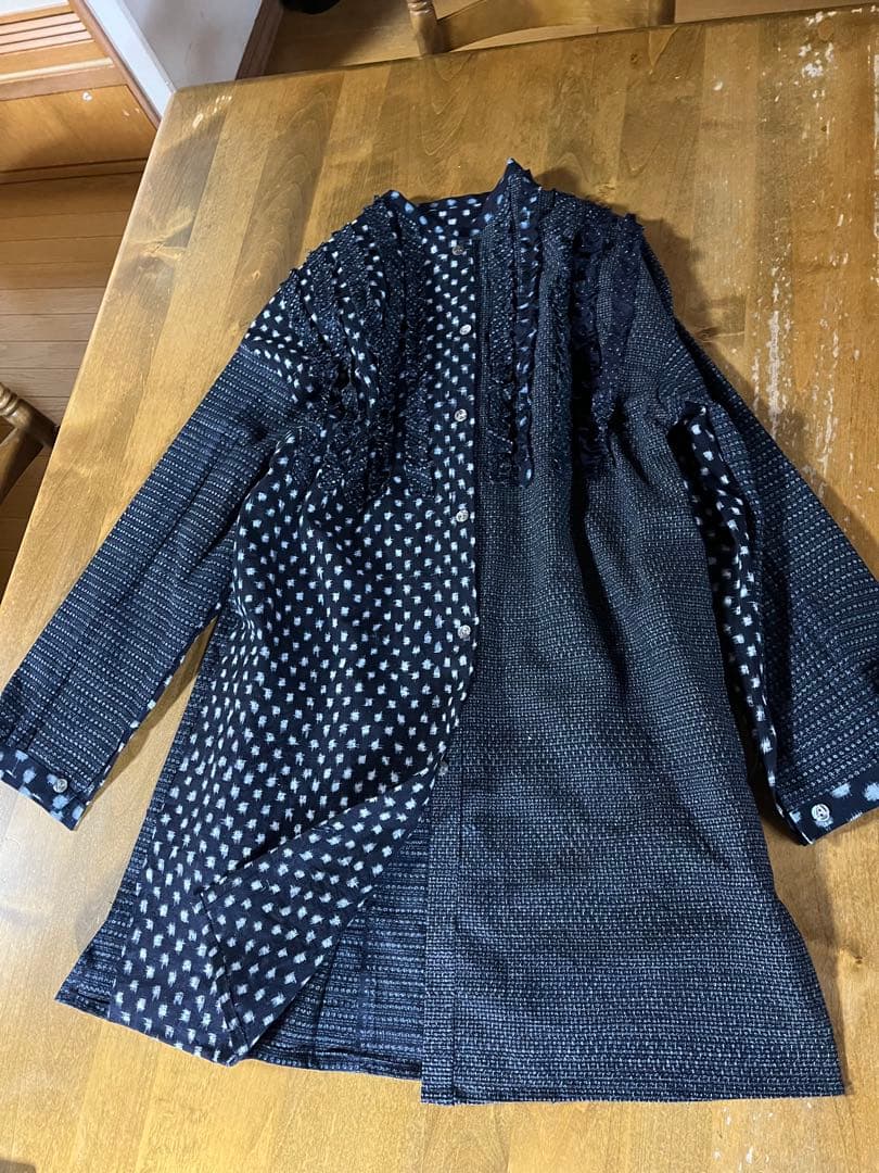 古布リメイク 久留米絣チュニック シャツ コート 雪ん子 フリル