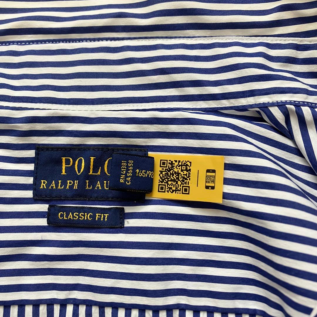 極美品 ポロラルフローレン ストライプシャツ ホース刺繍 QR ブルー
