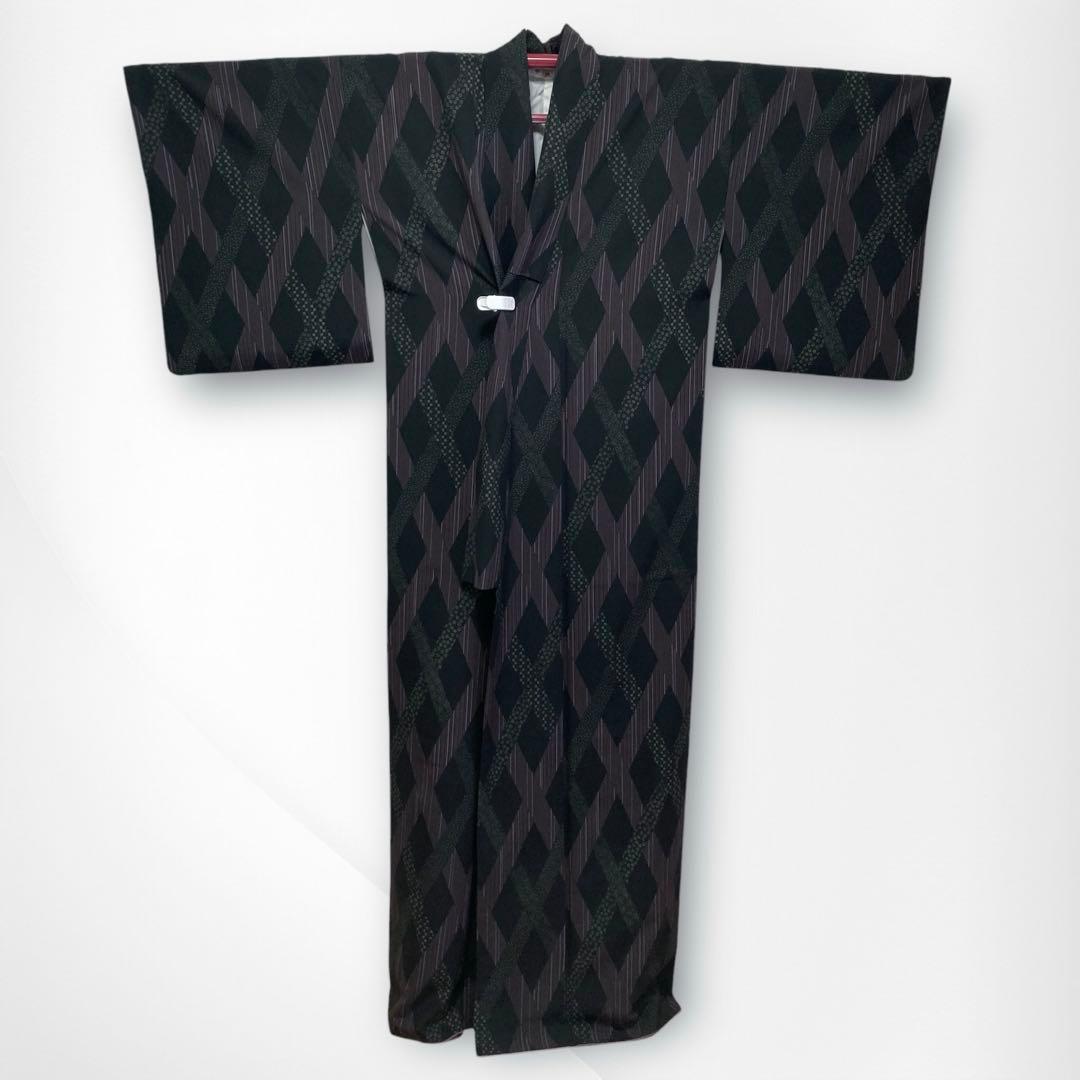 美品✨】東レシルック さんび 洗える着物 小紋 黒色 斜格子 大小あられ