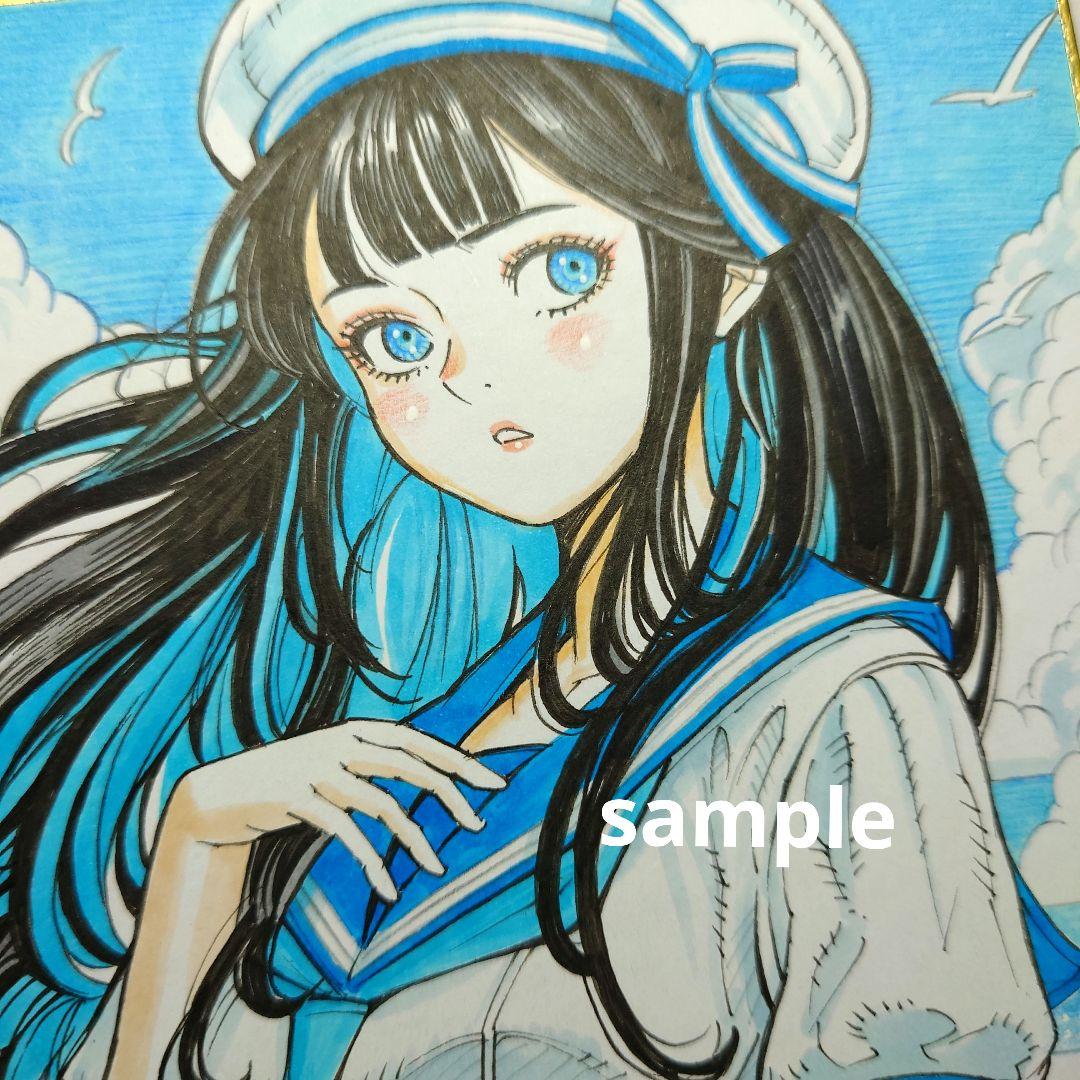 手描きイラスト 115】オリジナル原画色紙 同人「夏風に舞うマリン