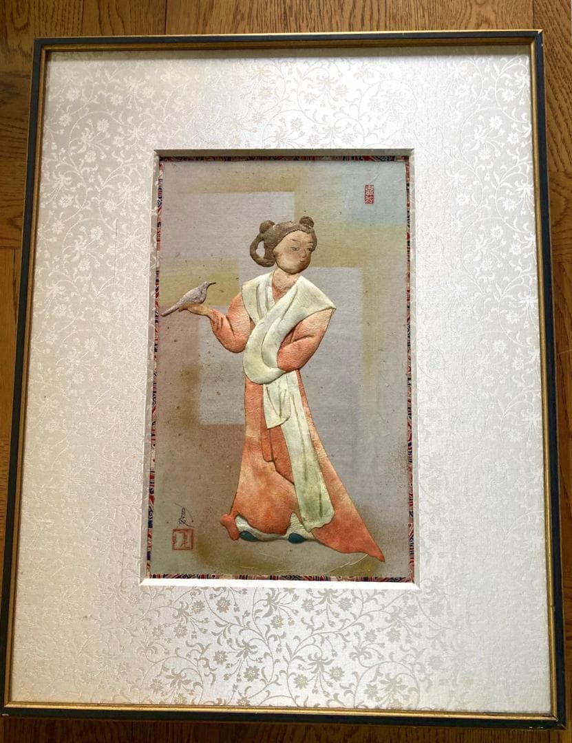 昔は有名な荒川夏子 古典絵 古代壁画女人像 1982年貼り絵細工 絵画