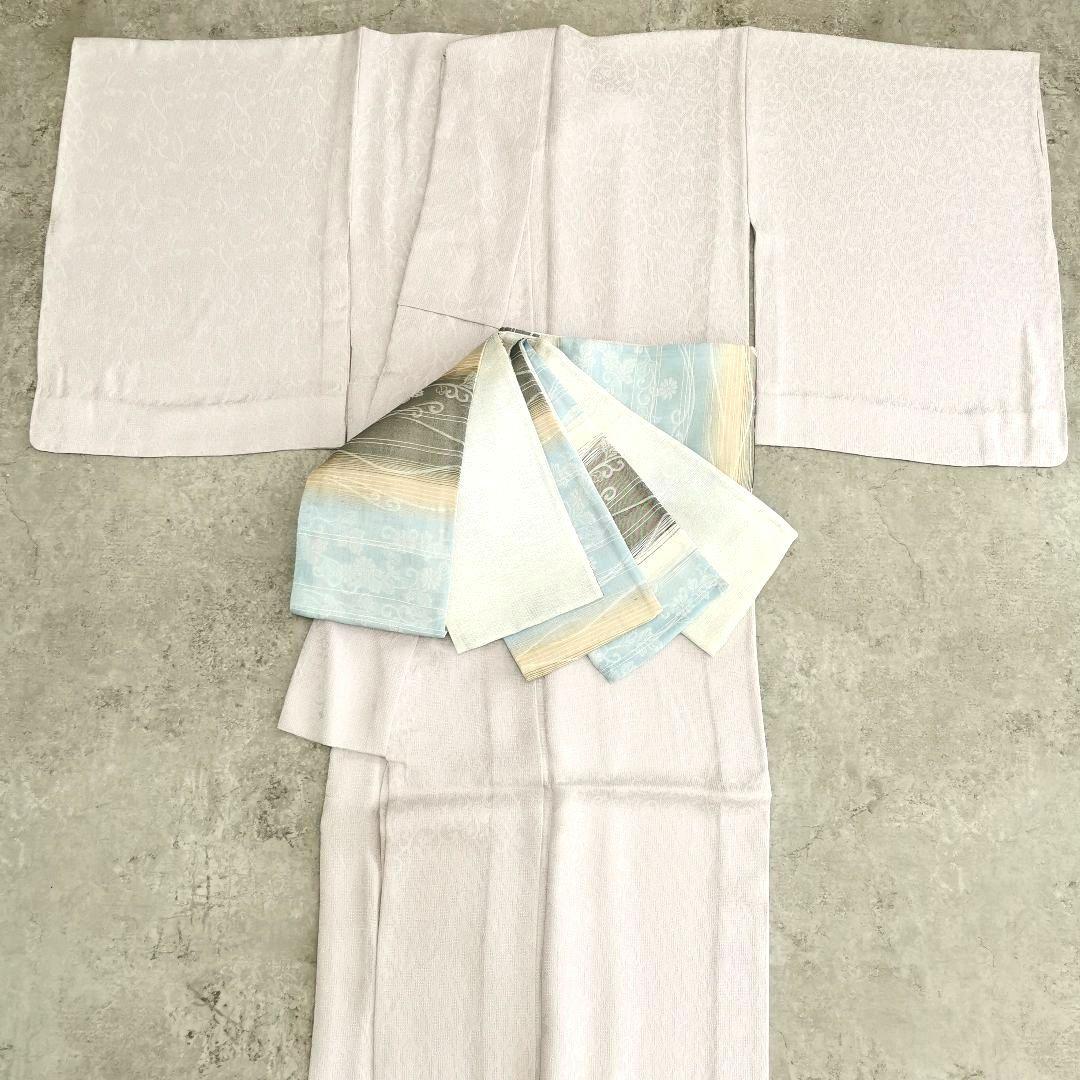 一点物×一生モノ】正絹 紋紗の半幅帯 リバーシブル 水色 グレー 涼しげ