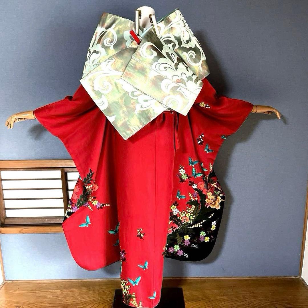 振袖フルセット 手描き友禅 成人式振袖 振袖 裄丈68 バタフライ 赤