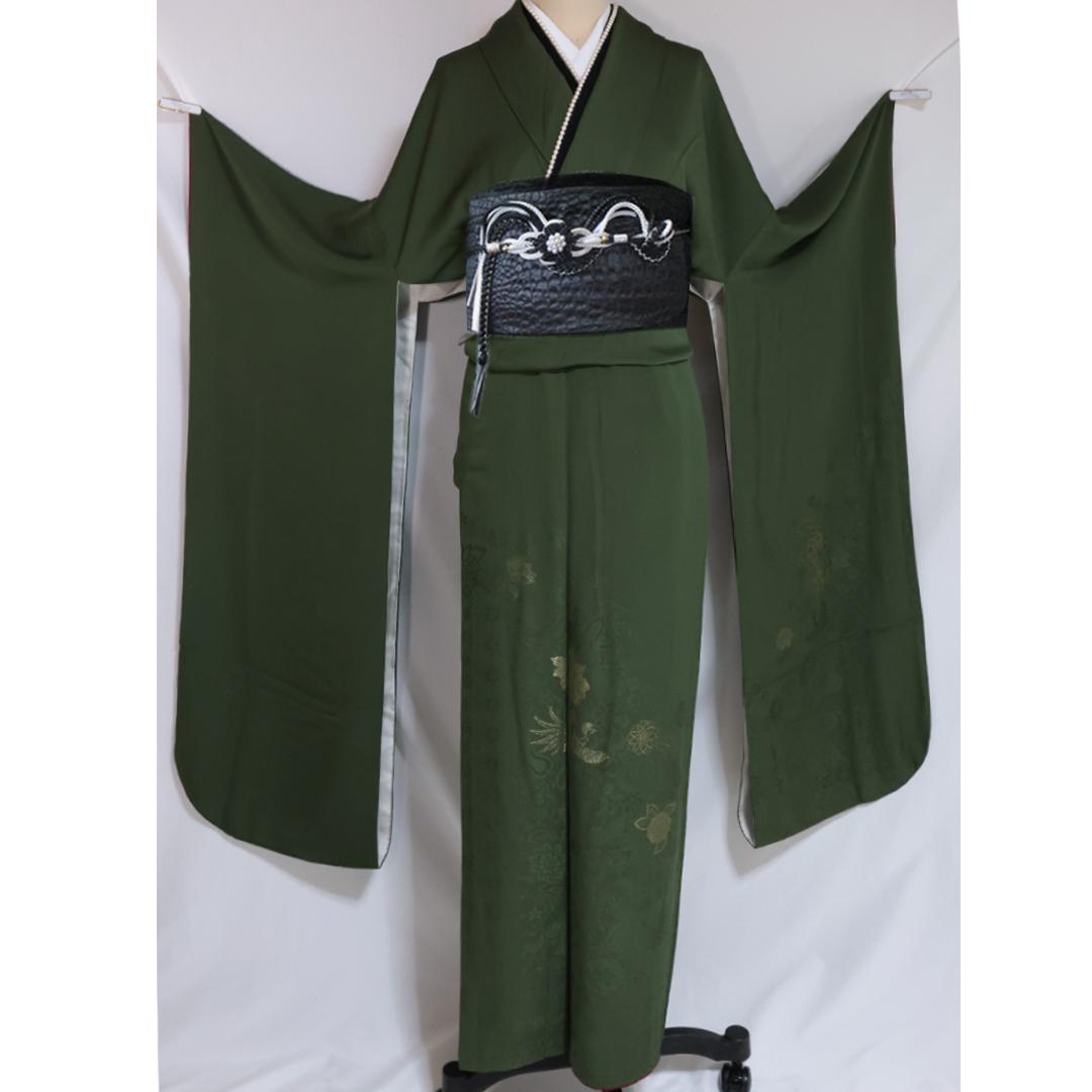 やまと寛斎□振袖6点セット帯新品帯締め色無地深緑正絹フルセット成人