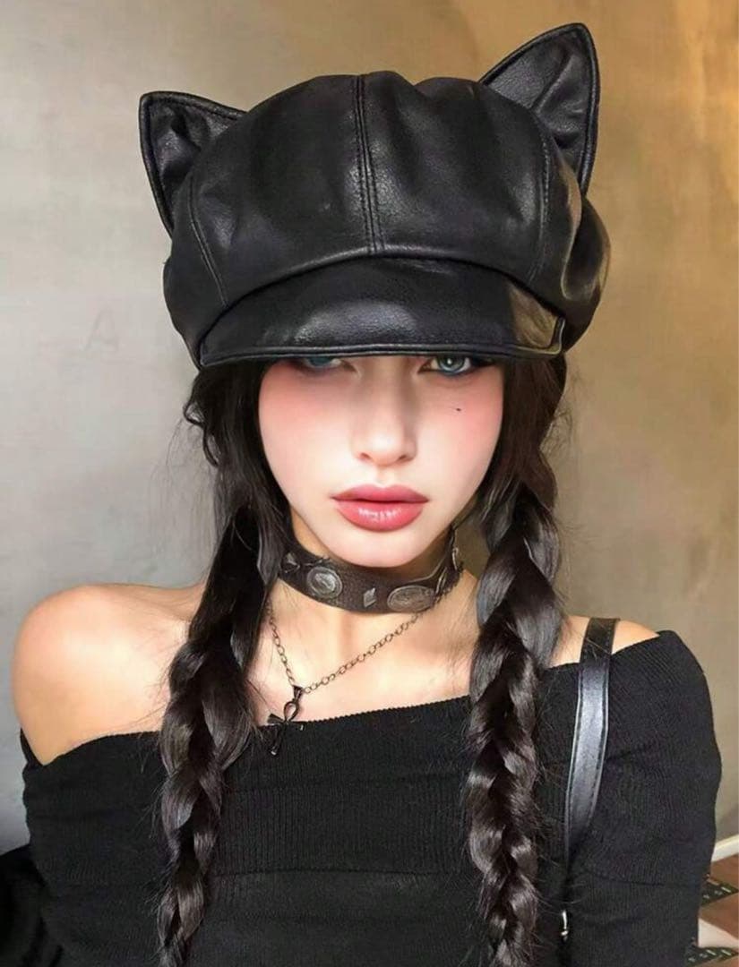 新品未使用 猫耳レザーキャスケット レディース帽子 56〜58cm サイズ