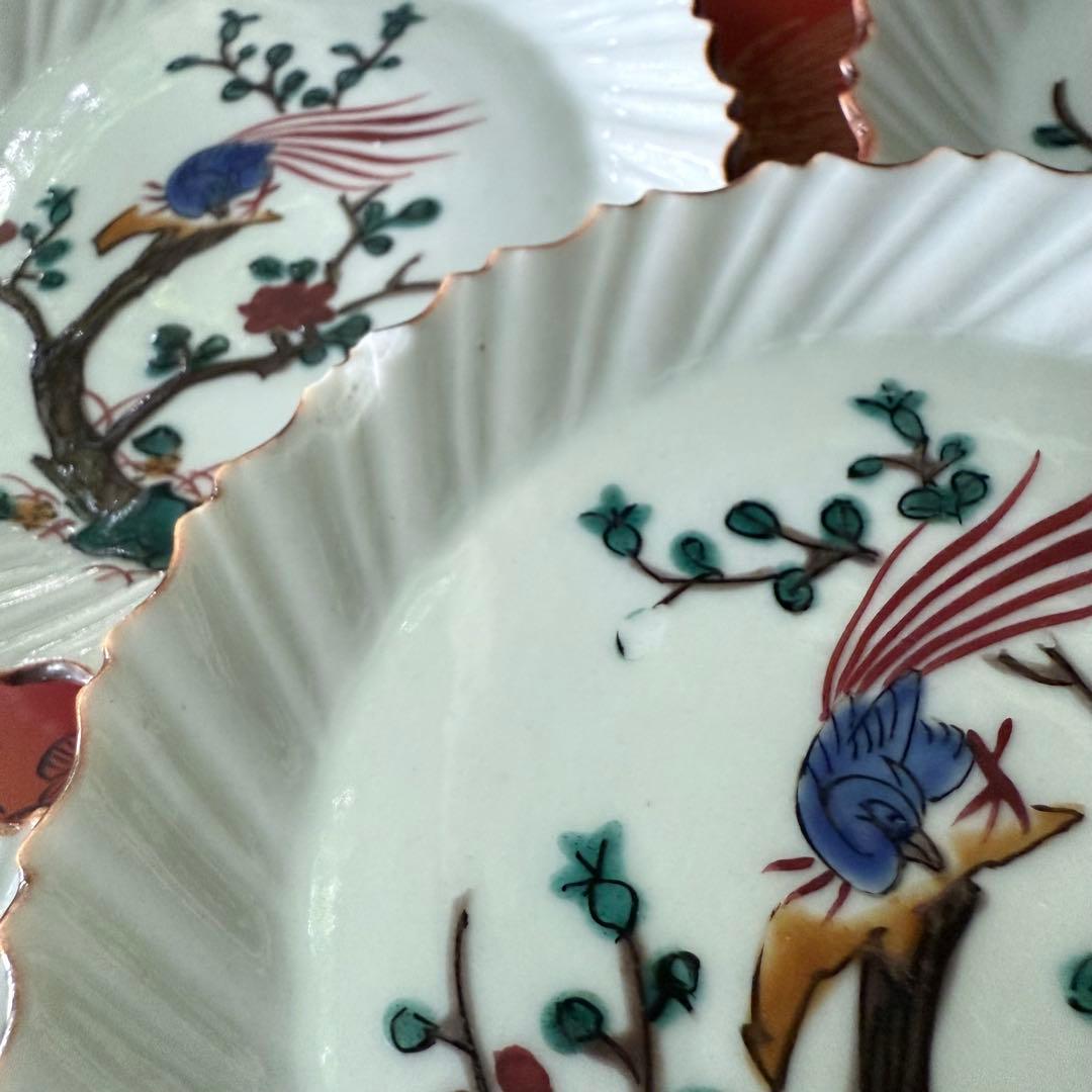 2164感謝‼️夏の倣い古九谷‼️幸せ強運の色絵花鳥図在銘福波打つ小皿4
