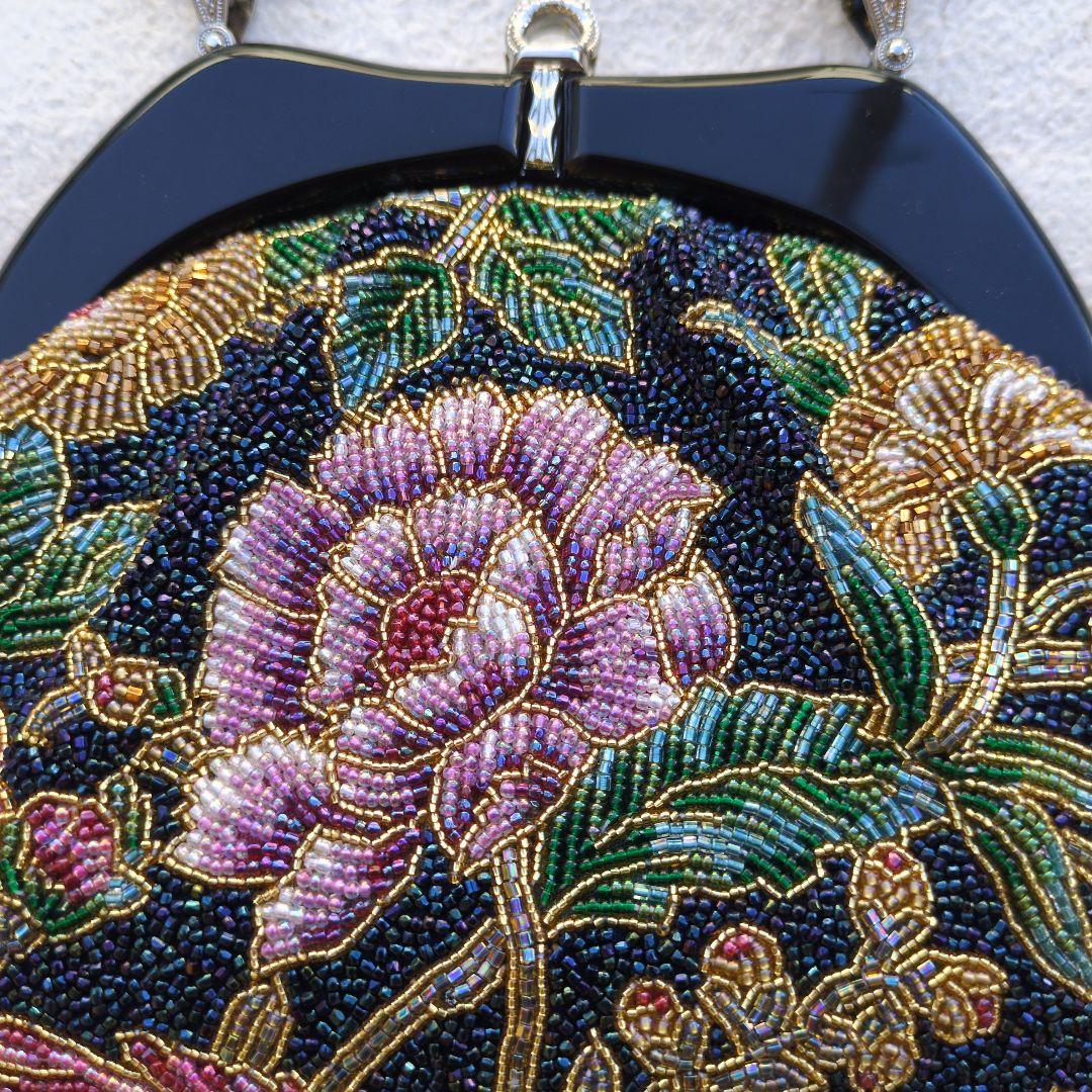 銀座白牡丹Hakubotanビンテージビーズバッグゴールド総柄花柄