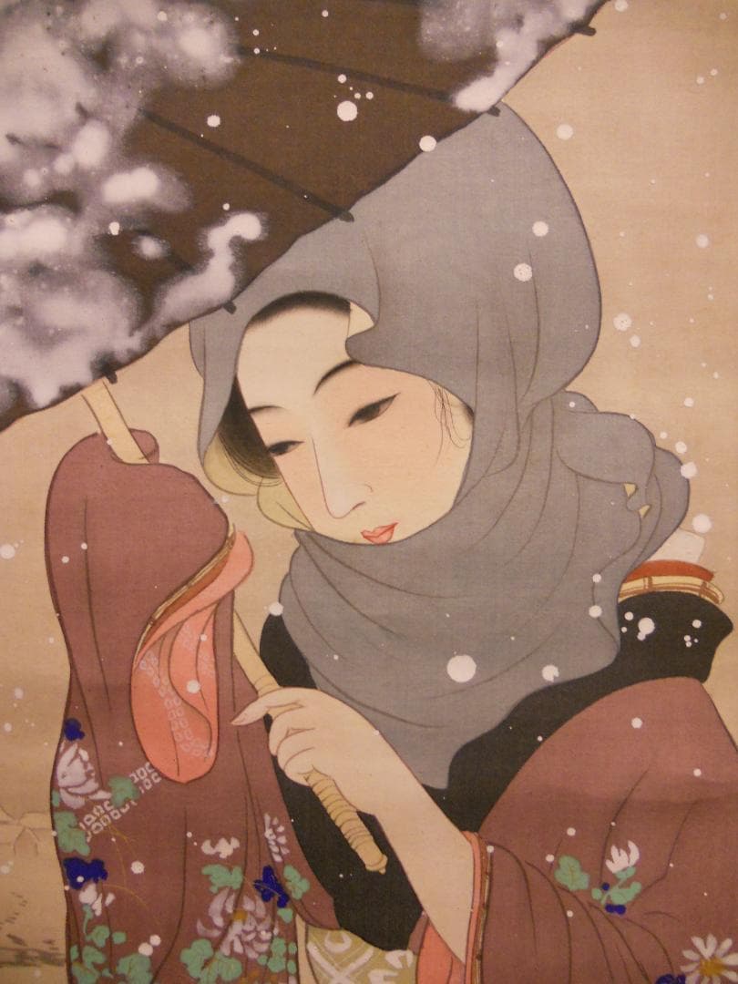 掛け軸 森二鳳 『 雪傘美人 』 美人画 絹本 希少 軸装 茶道具 掛軸 美