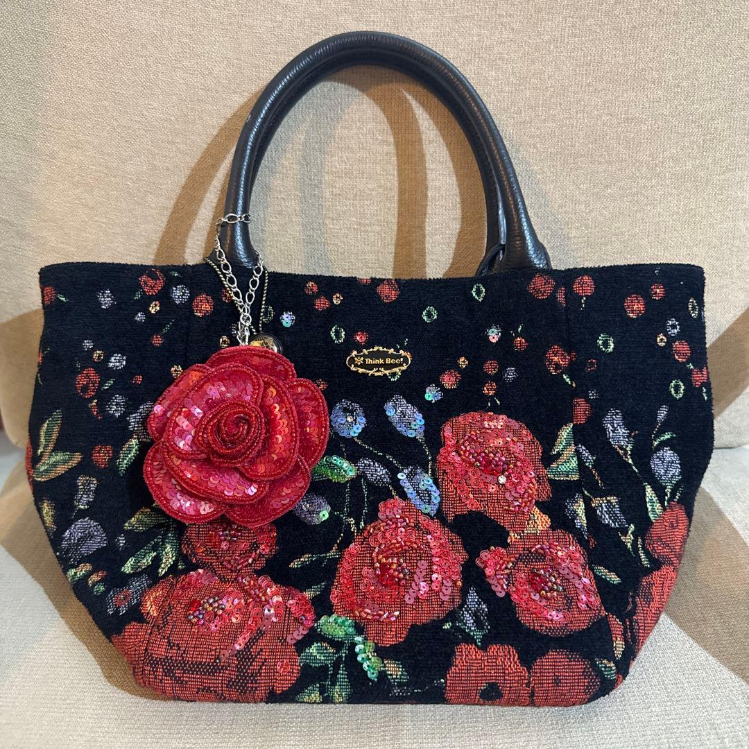 美品Think Bee 花柄刺繍 ビーズ ハンドバッグ - メルカリ