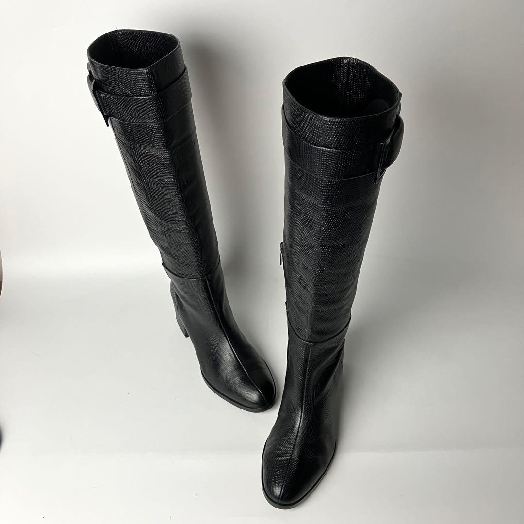 美品】セルジオロッシ リザードロングブーツ ブラックバックル 黒22.5