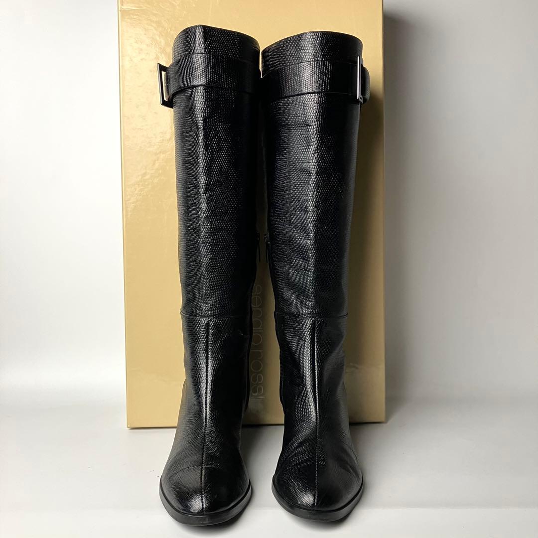 美品】セルジオロッシ リザードロングブーツ ブラックバックル 黒22.5