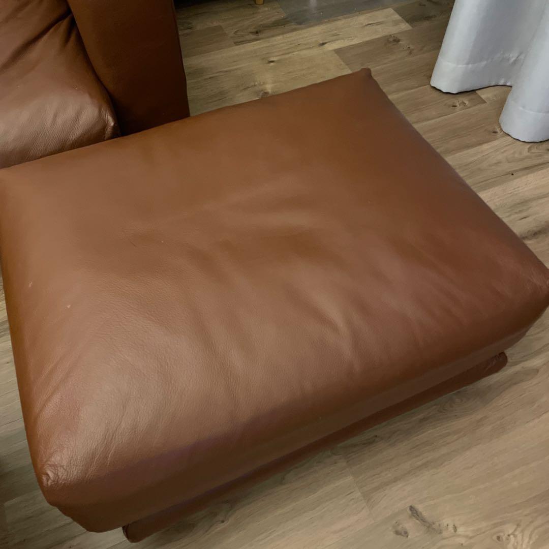 無印良品　ブラウン　レザー　オットマン ソファ本体・オットマン・革張り・フェザー・ポケットコイル／ブラウン