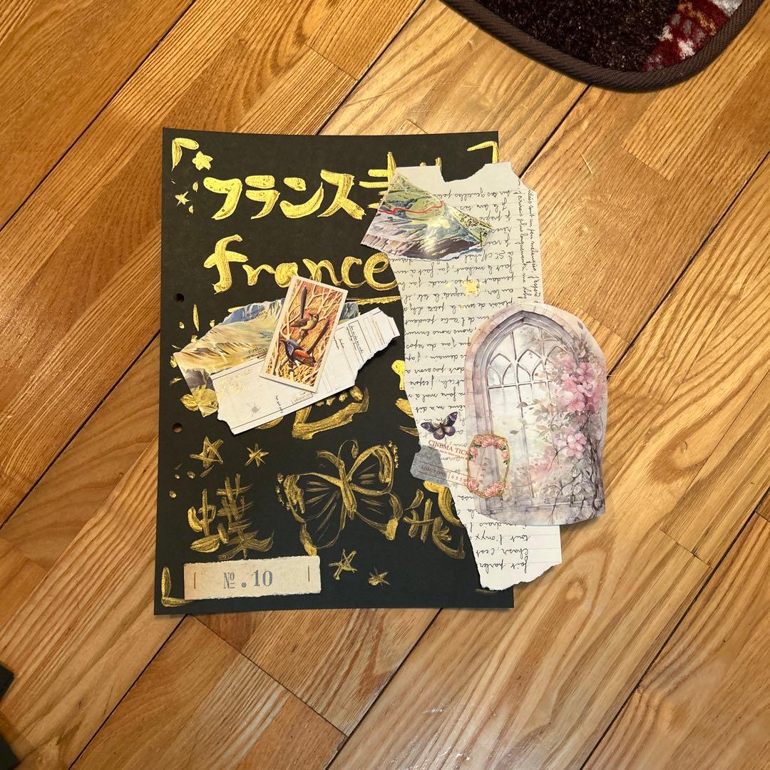 艶猫旅｜黒×金 作品ジャンクジャーナル5枚セット猫足跡merci紙ものコラージュ コラージュ 素材 シール 猫 ネコ ねこ 黒猫 ジャンクジャーナル