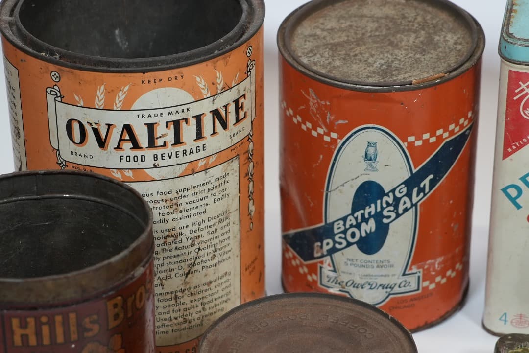 アンティーク缶セット Ovaltine, Epsom Salt, Premiu