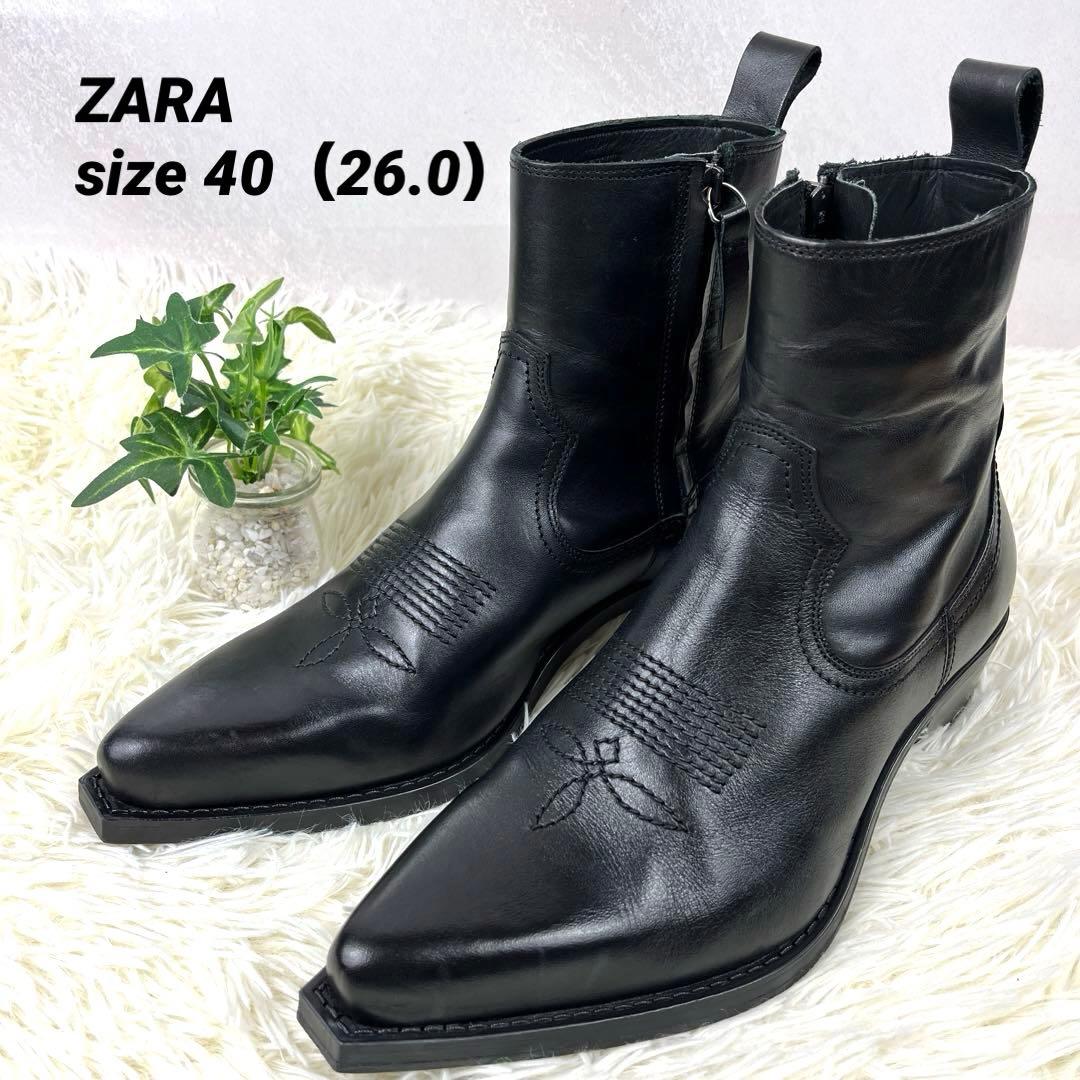 ZARA】ザラ（40）ブーツ メンズ レザー ウエスタンブーツ - メルカリ