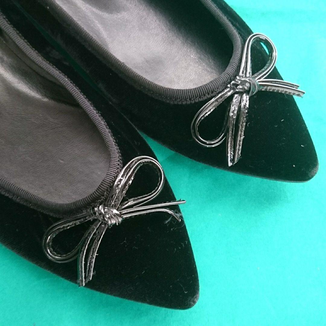 大人キュート♪銀座かねまつ　リボン付きフラットシューズ　23．5cm　黒系 SHOES CONCIERGE｜【WEB LIMITED】数量限定プチリボンパンプスが登場