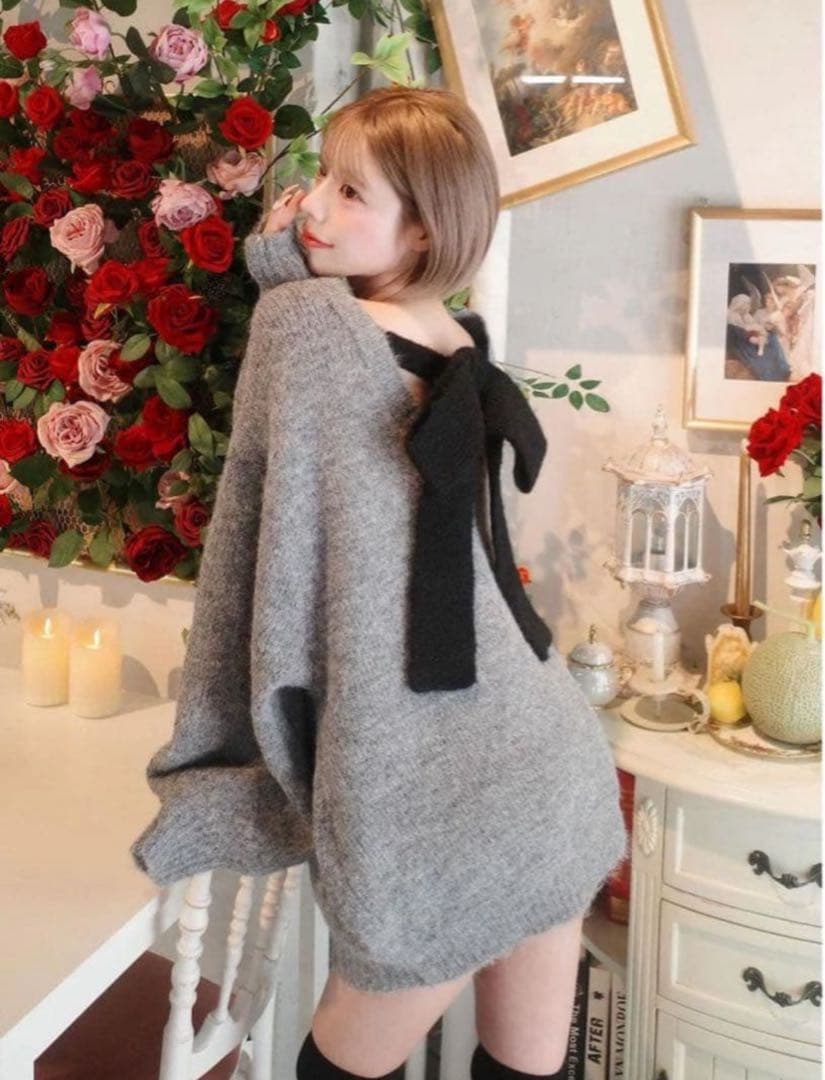 Darich】グレー バックリボン オーバーサイズニットワンピース - メルカリ