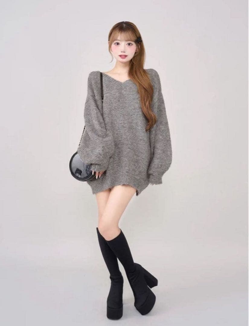 Darich】グレー バックリボン オーバーサイズニットワンピース - メルカリ