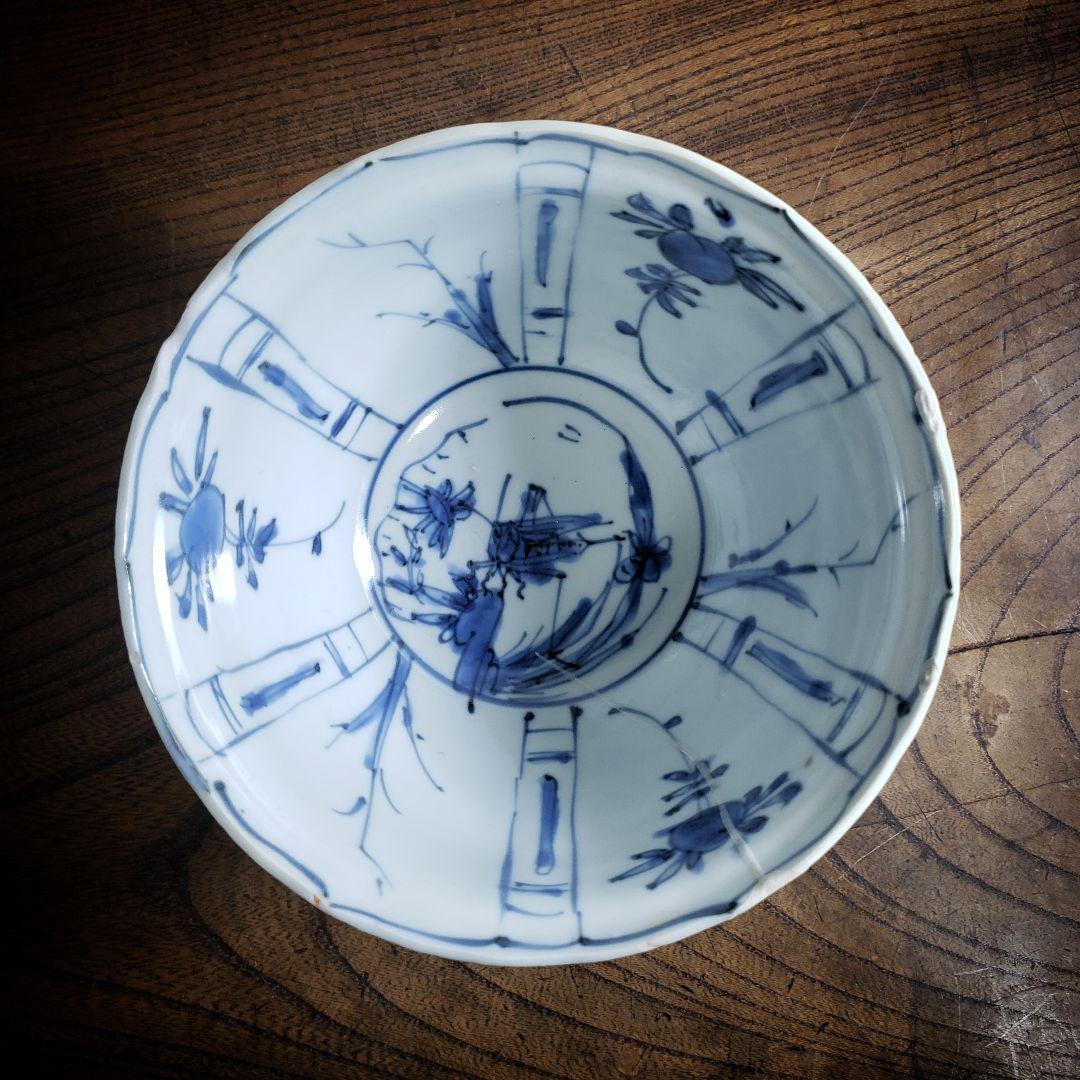 古染付 染付南京 鉢 丼 芙蓉手 中国古美術 明朝末期 ガラス継ぎ 欠け
