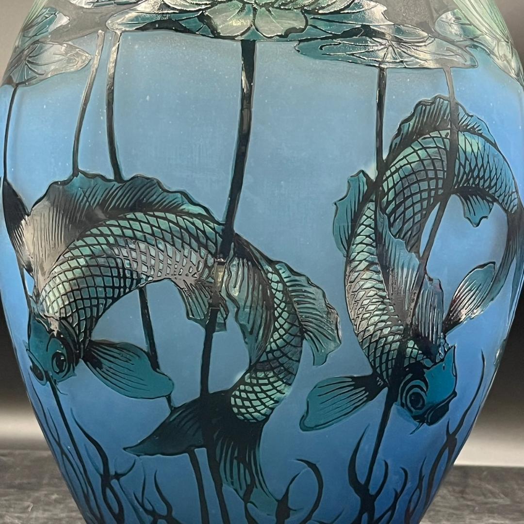エミールガレ 鯉紋 特特大 花瓶 カメオ彫り 被せガラス 高さ40cm