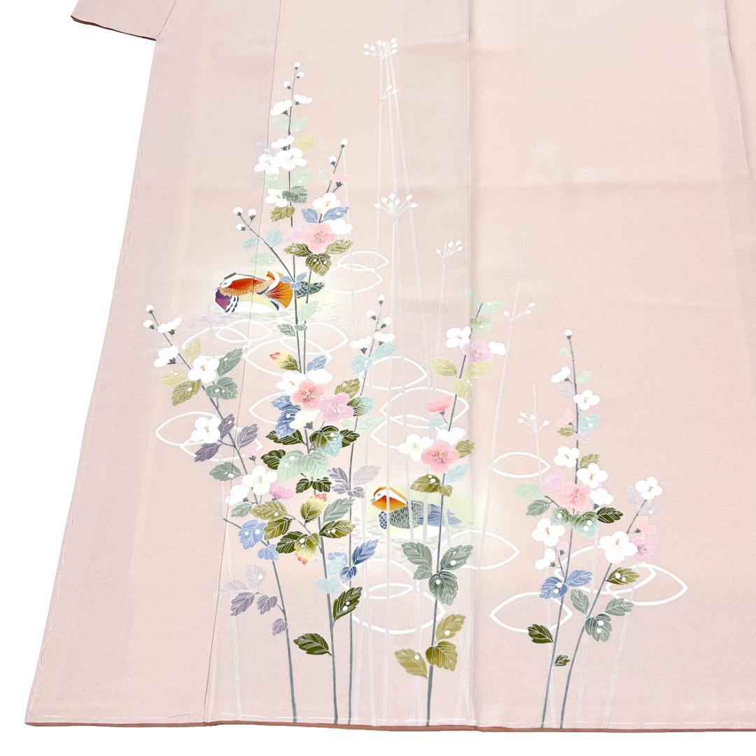 訪問着 着物 裄丈65 正絹 加賀友禅染 未使用 ピンクベージュ M寸 MWR