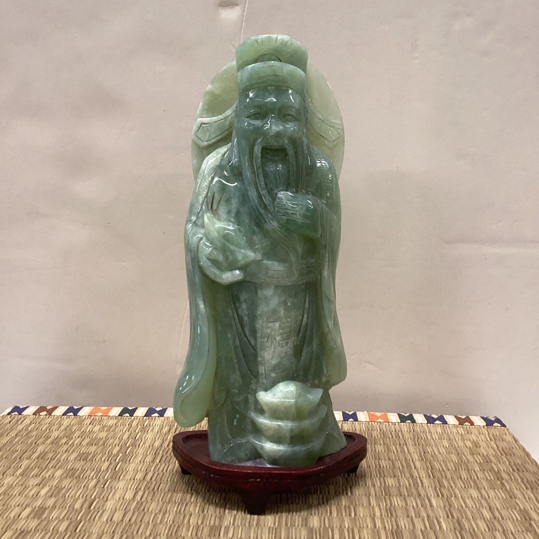 翡翠 神像 約24cm 木製台座付き 翡翠 龍亀(ロングイ) 彫刻 (木製台座付き)