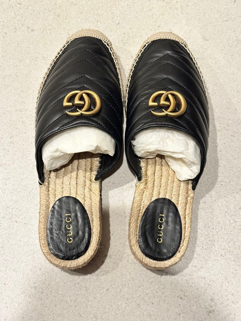 GUCCI （グッチ）ブラック エスパドリーユ レ ザー ミュール レディース 中古・古着通販】GUCCI (グッチ) プリンスタウン レザー ミュール