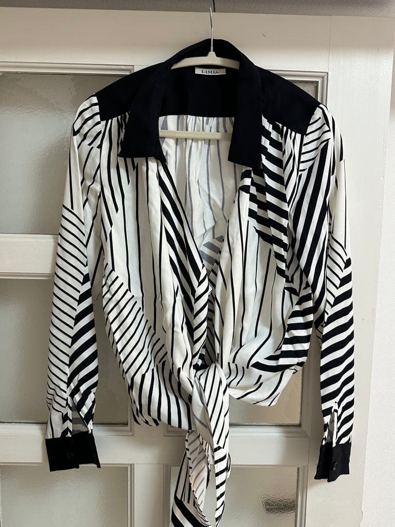 LIMI feu リヨセル 総柄 ストライプ 変形ブラウス シャツ 黒白 S
