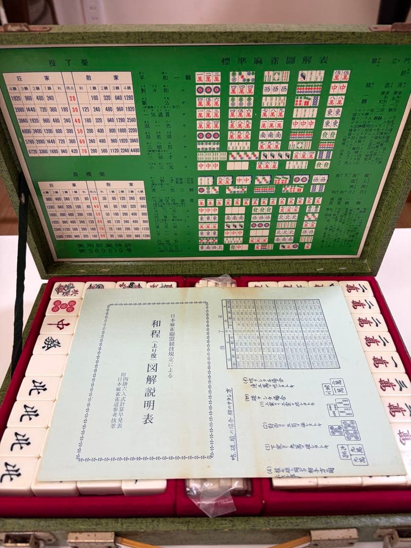 昭和レトロ 麻雀牌セット ケース付き 点数表あり ほぼ未使用 即使用可