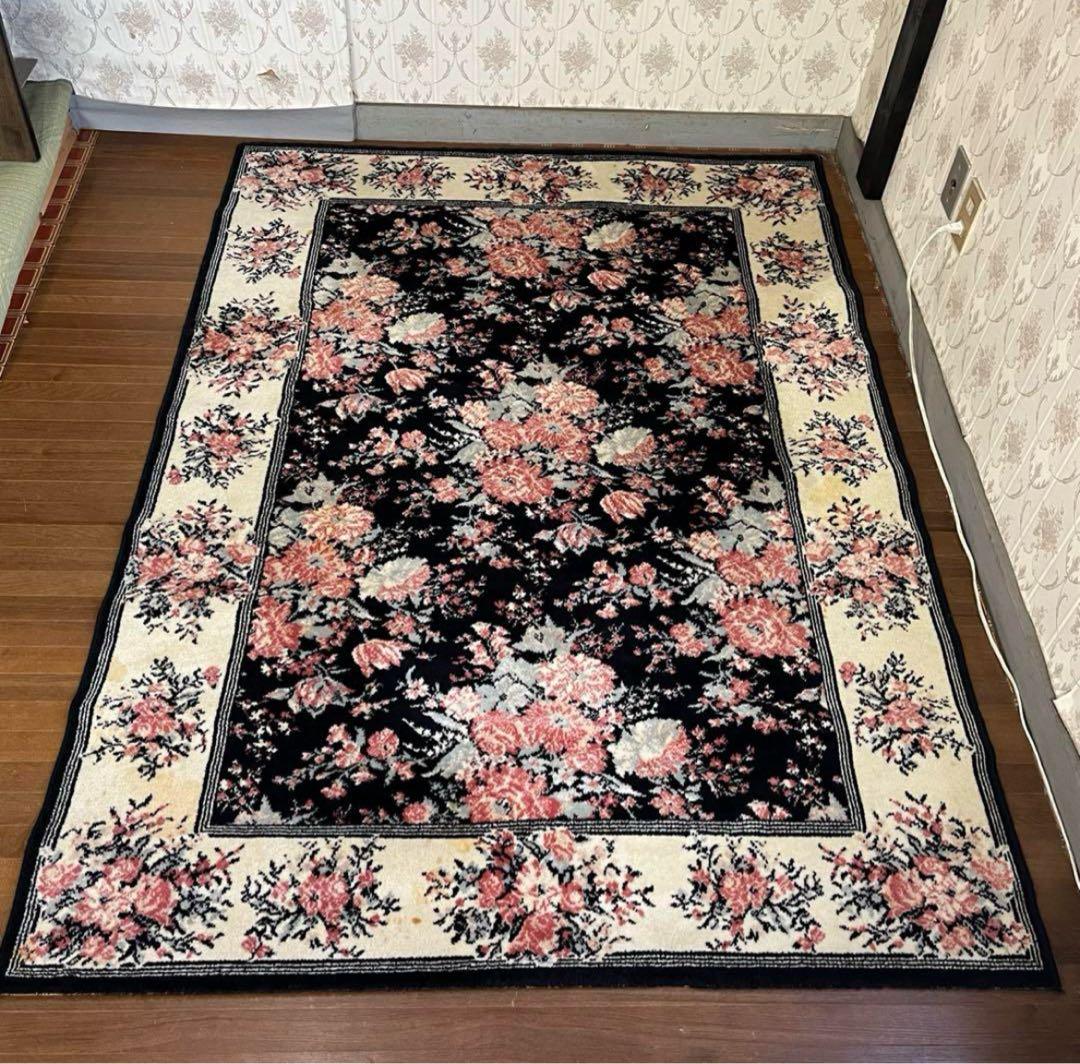 アンティーク】昭和レトロ 花柄 絨毯 カーペット ラグマット 古道具 古