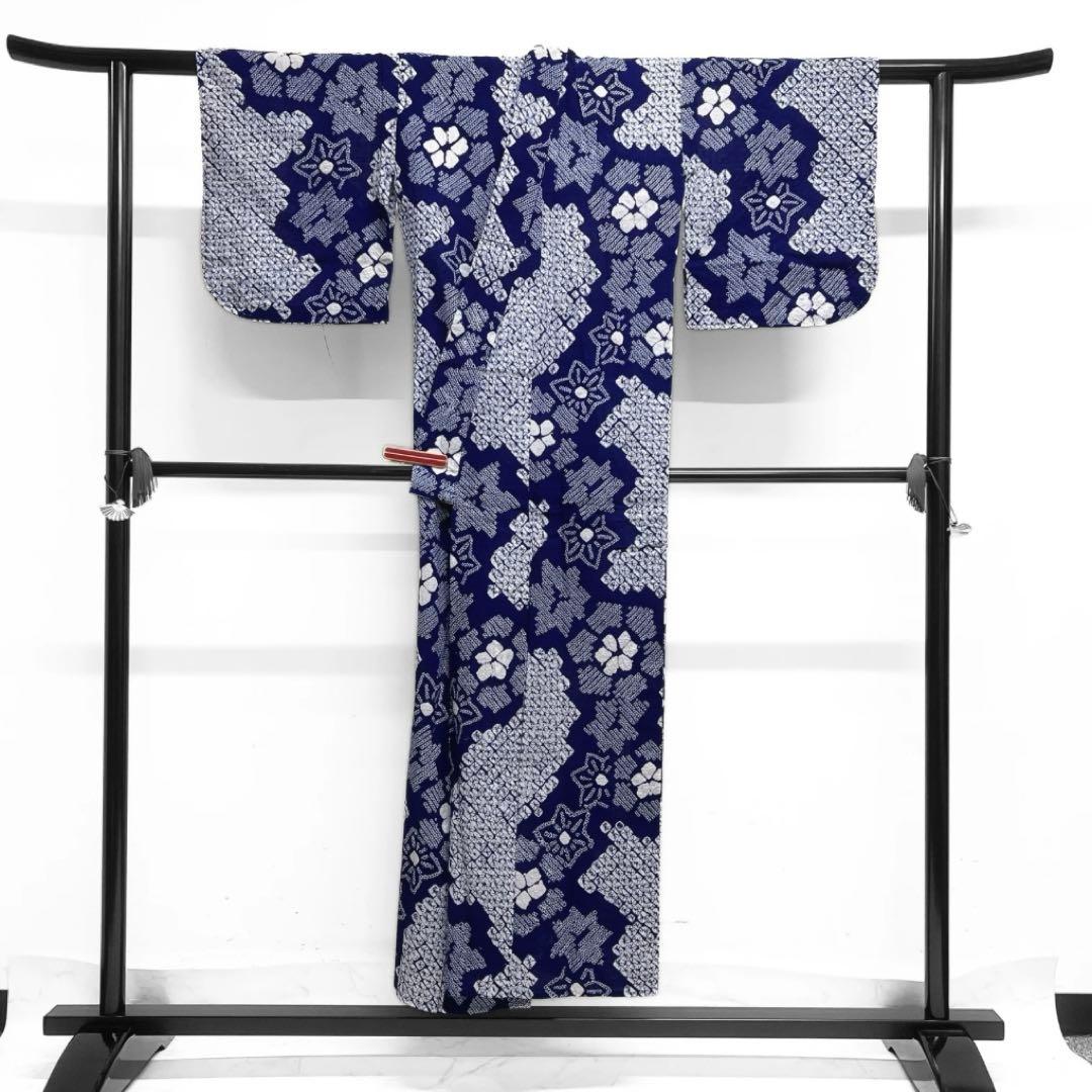 浴衣 有松鳴海絞り 花模様 楓 鹿の子 ネイビー 着物 034a d - メルカリ