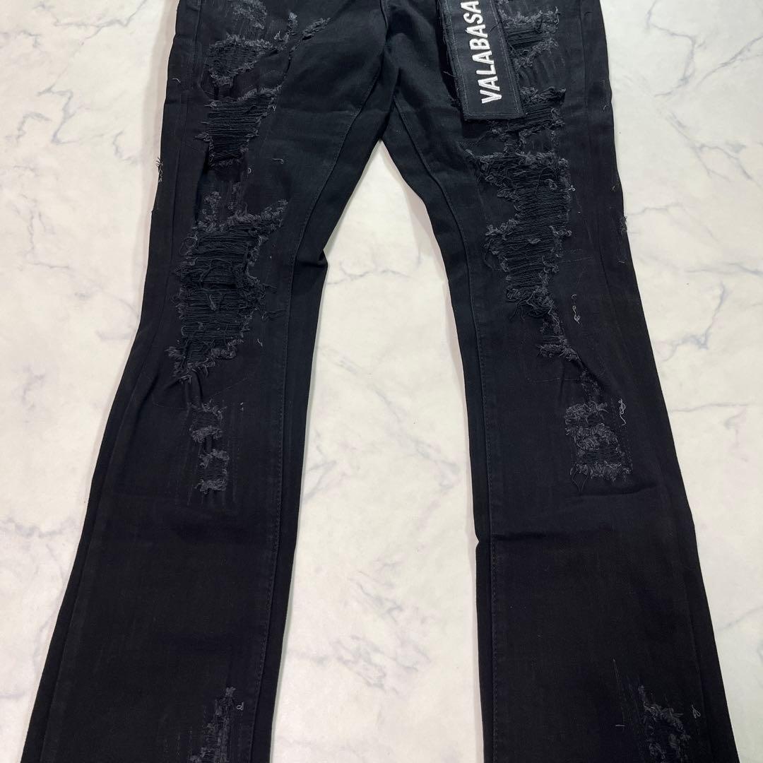 専用バラバサスvalabasas スキニーフレアデニム ブラック ダメージ 30