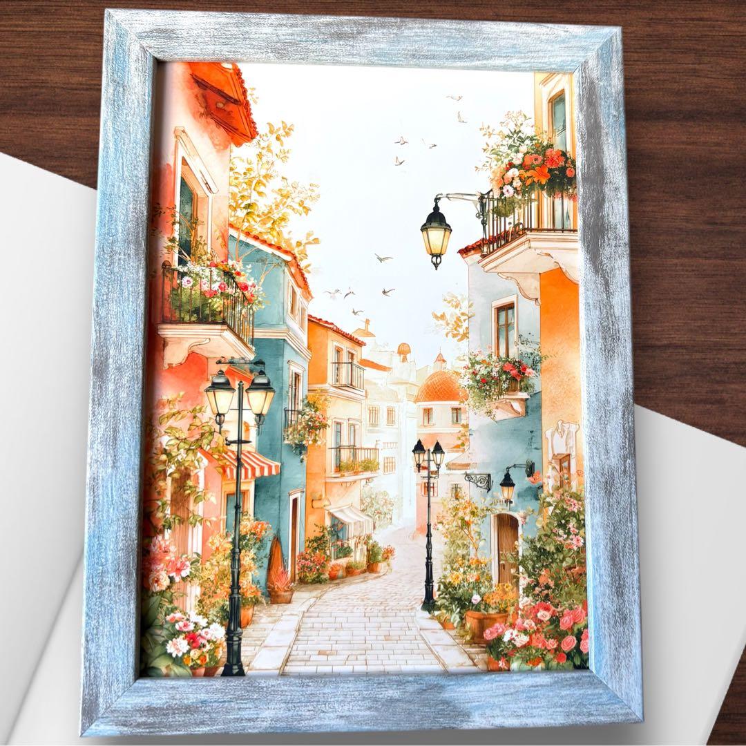 ヨーロッパ 街並み おしゃれ 絵画 風景画 水彩画風 2L版 額縁付 雑貨