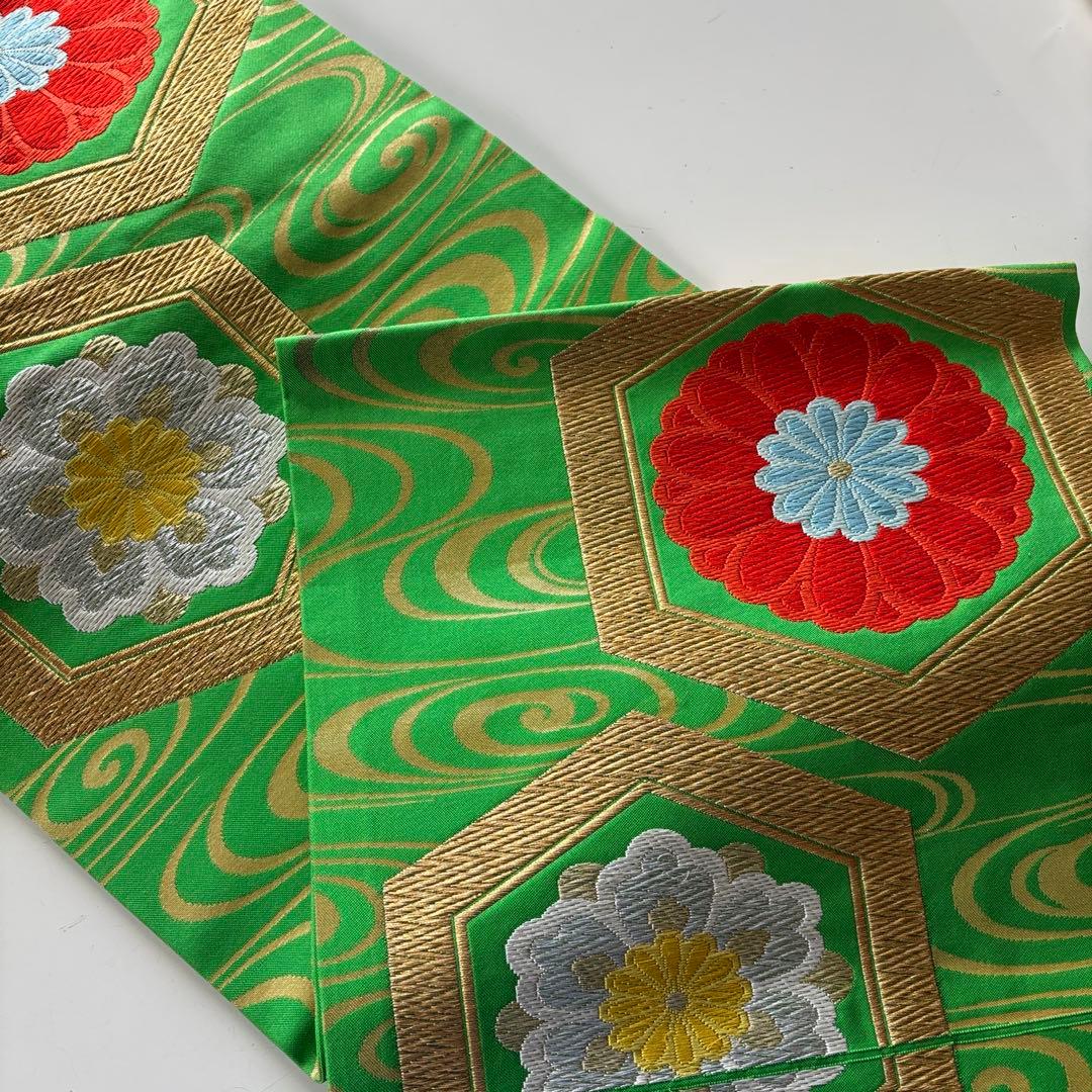 正絹 緑色 花柄 名古屋帯 - メルカリ