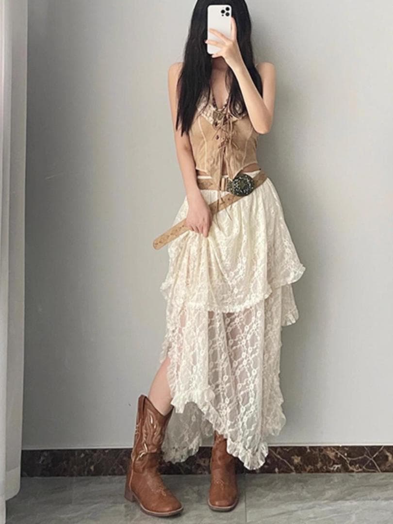 130B18 グランジ ロングスカート Y2K フェアリーグランジ レース 春夏