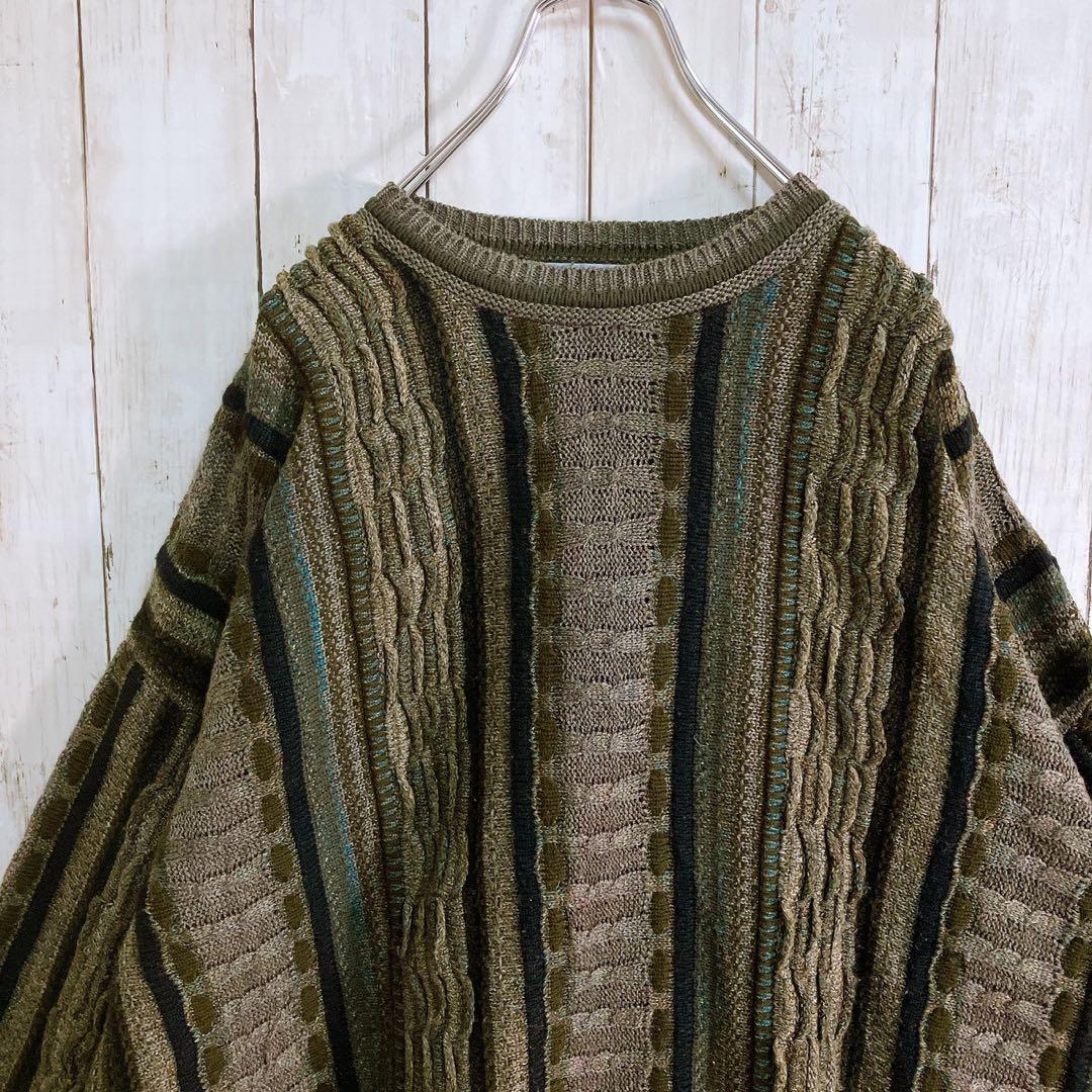 LAVANE USA製 アクリル 立体 総柄 3D デザインニット グリーン系