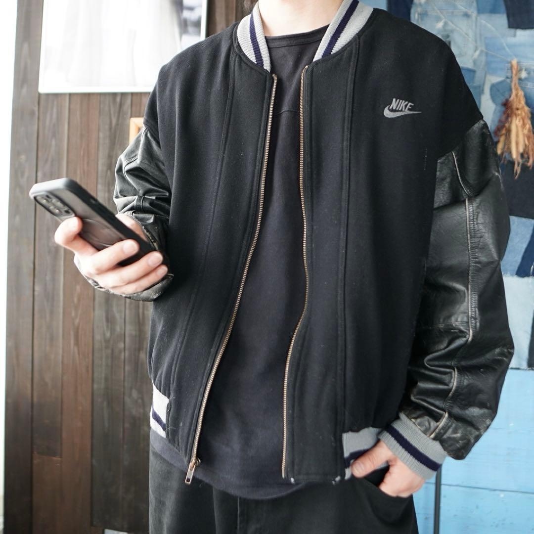 レア NIKE 90s スタジャン 袖レザー ブラック 刺繍 - メルカリ