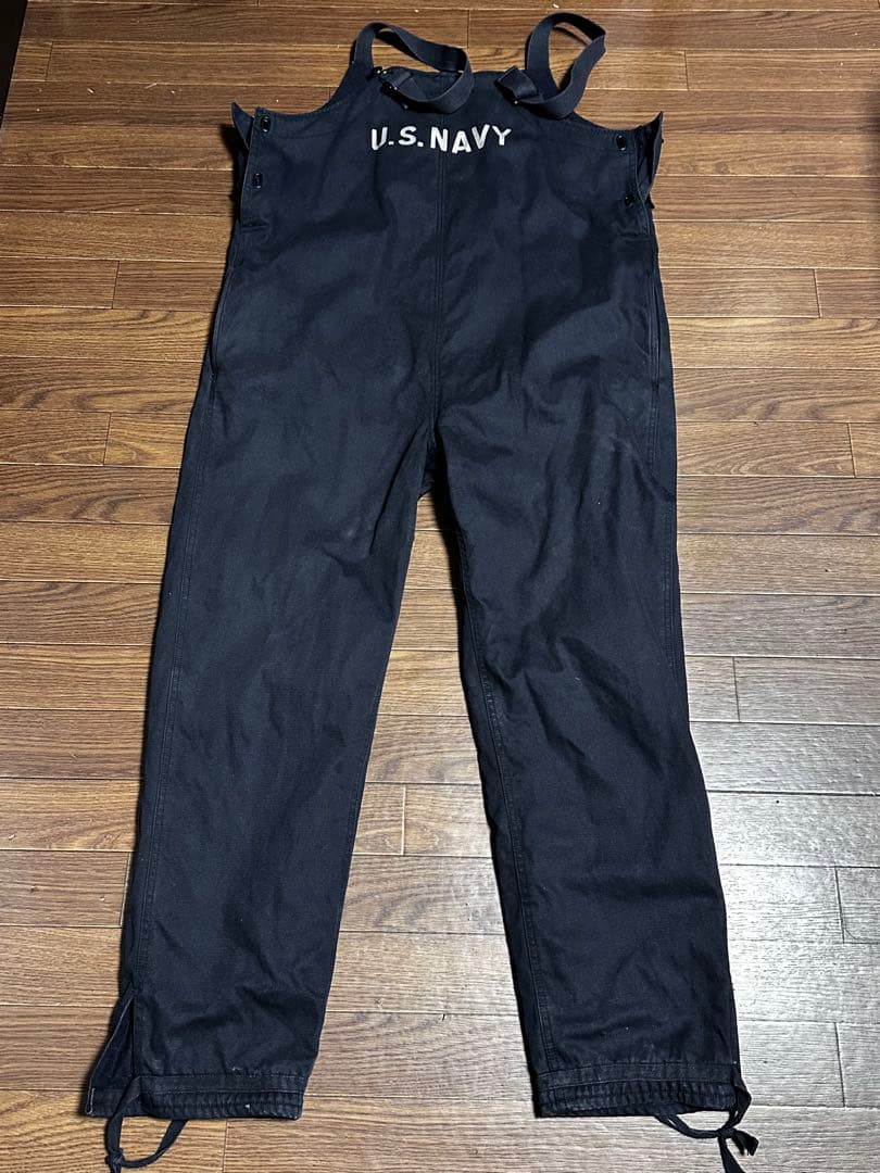 U.S. NAVY 黒オーバーオール M デッキパンツ　フック　ミリタリーパンツ 美品 40s 米軍 実物 デッキパンツ フック型 USN オーバーオール