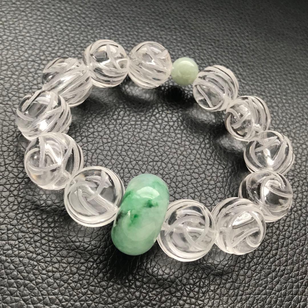 ビルマ翡翠、平安ボタンと天然水晶、16.4cm