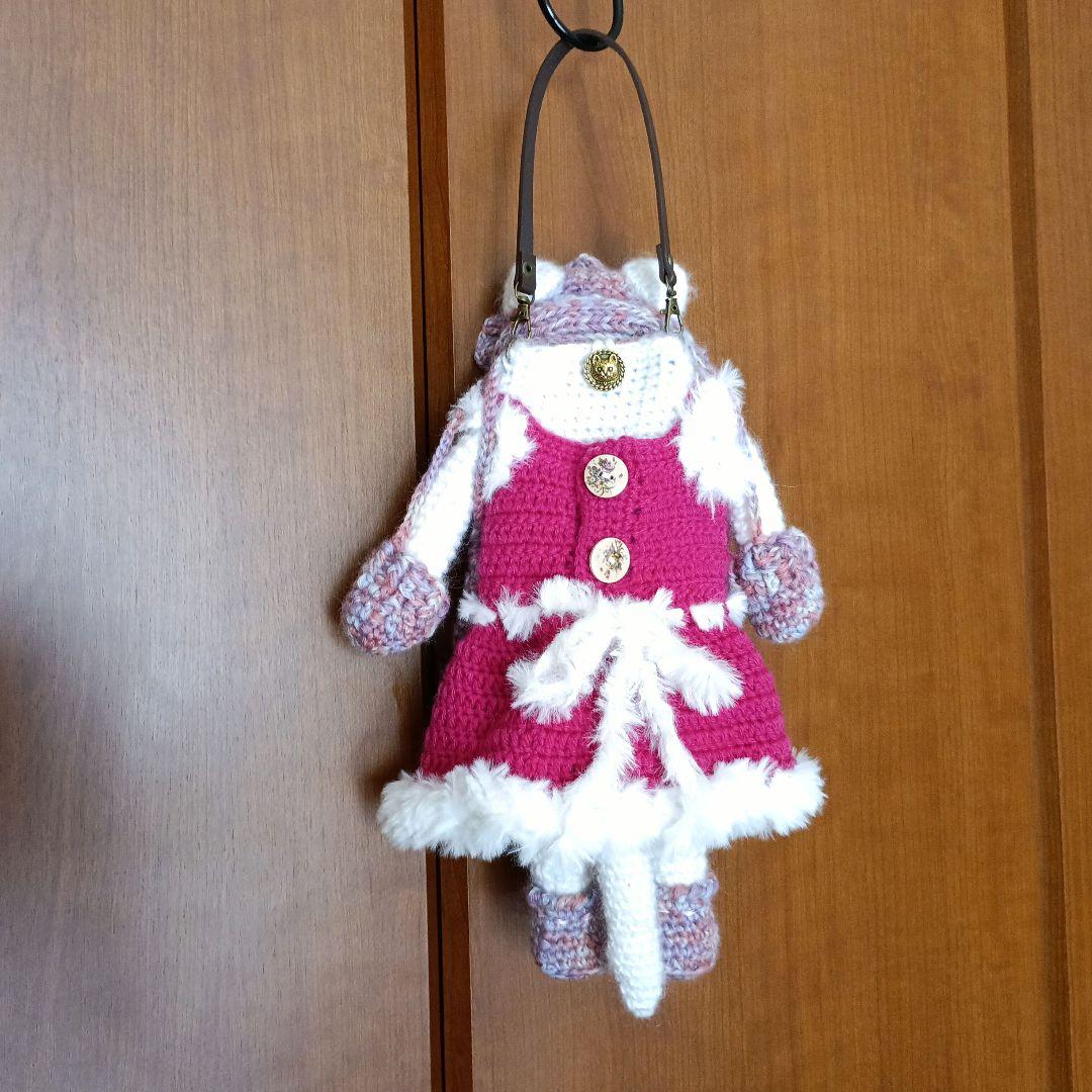 スマホポーチ(カバー無し用) 白猫 あみぐるみ 洋服・小物付 1点物